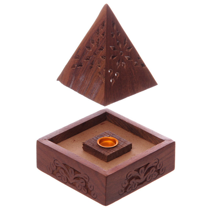 Puckator Sheesham Wood Pyramid Incense Cone Box with Flower Fretwork Puckator