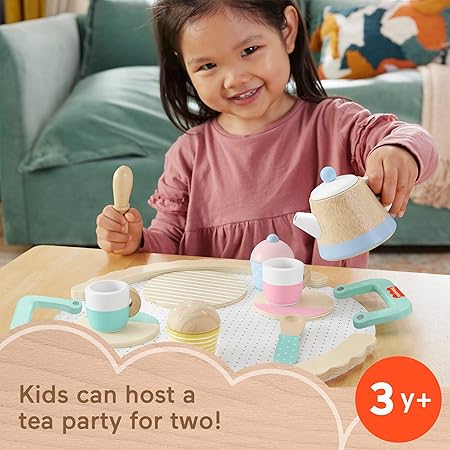 Fisher-Price Wood Pretend Play Toy Tea Set, 12-Piece Wooden Playset with Teapot, Cups & Saucers