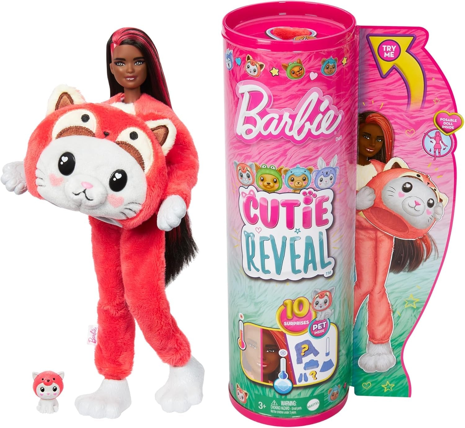 Mattel Barbie Cutie Reveal Doll & Accessories with Animal Plush Costume & 10 Surprises Including Color Change, Kitten as Red Panda in Costume Mattel