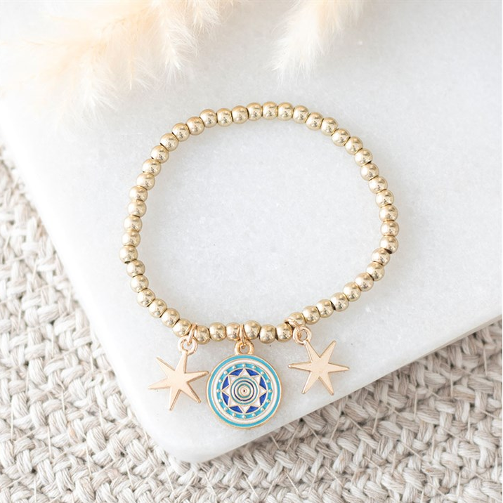 Gold-Toned All Seeing Eye Beaded Charm Bracelet