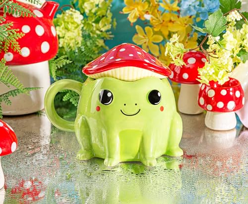 Sass & Belle Frog Mug with Mushroom Lid  300ml Ceramic Mug with Red & White Toadstool Cover Sass & Belle
