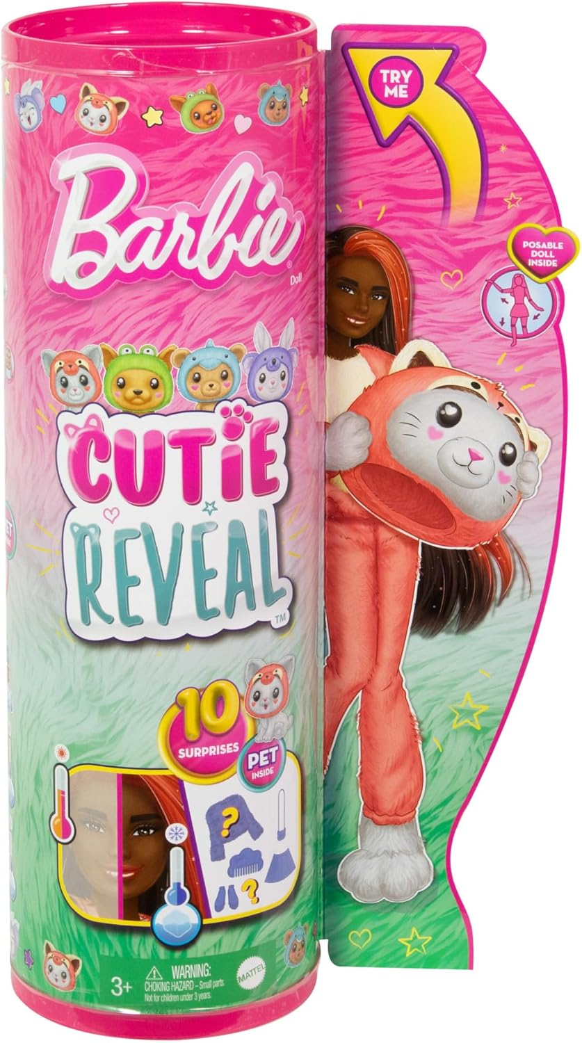 Mattel Barbie Cutie Reveal Doll & Accessories with Animal Plush Costume & 10 Surprises Including Color Change, Kitten as Red Panda in Costume Mattel