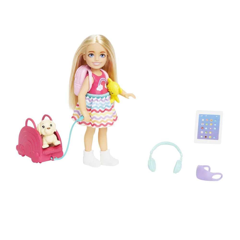 Mattel Barbie Chelsea Small Doll & 6 Accessories, Travel Set with Puppy, Pet Carrier & Backpack