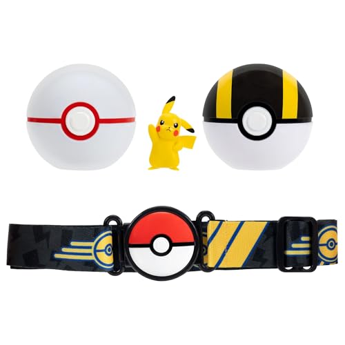 Jazwares Pokémon Pikachu Clip ‘N’ Go Belt Set - 2-Inch Pikachu Battle Figure with Premier Ball, Ultra Ball, and Electric-Type Themed Belt