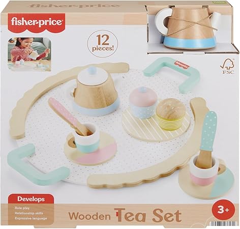 Fisher-Price Wood Pretend Play Toy Tea Set, 12-Piece Wooden Playset with Teapot, Cups & Saucers