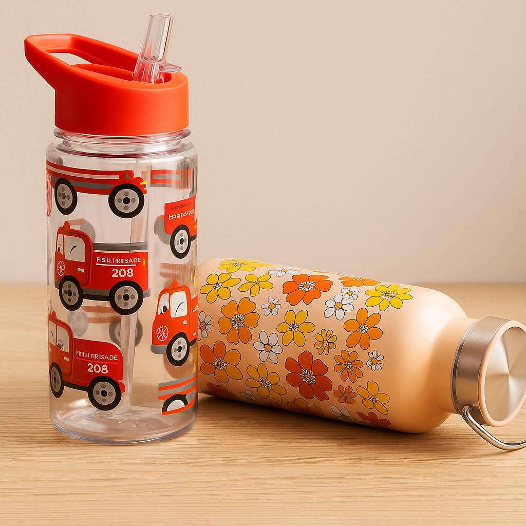 Sass & Belle Kids Water Bottle – 400ml BPA-Free Reusable with Foldable Straw Lid  Digger, Garden Friends, Savannah Safari & Fire Engine