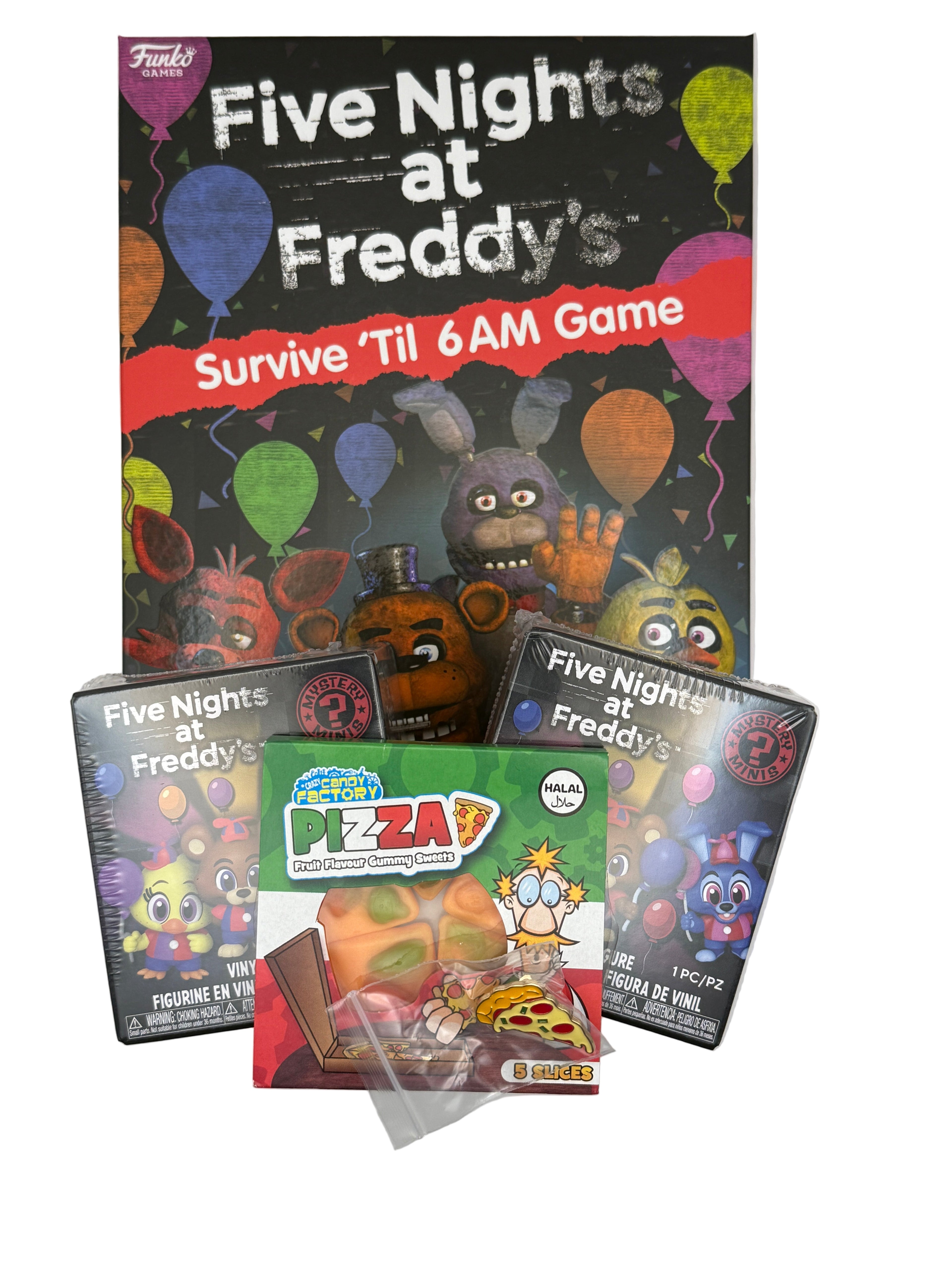 Five Nights At Freddy's Collectors Bundle Gift Set- FNAF Survive ‘Til 6am Game, 2 Mystery Figures, Gummi Pizza and Pizza Pin Badge