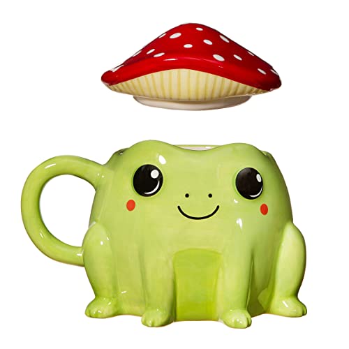 Sass & Belle Frog Mug with Mushroom Lid  300ml Ceramic Mug with Red & White Toadstool Cover Sass & Belle