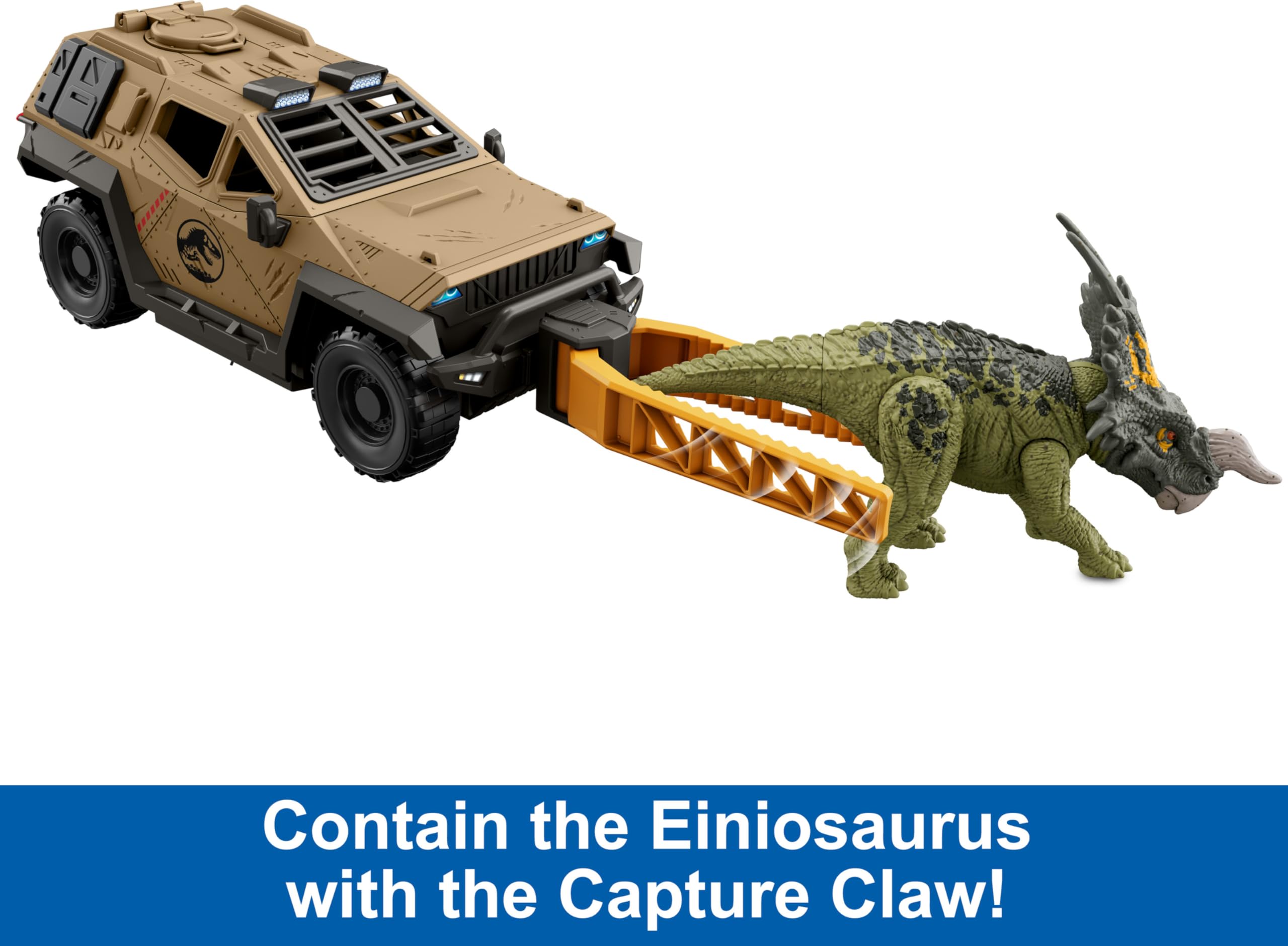 Mattel Jurassic World Truck & Einiosaurus Dinosaur Action Figure Toy with Flip Roll Feature, Mission Mayhem Destruction Vehicle, HRX52