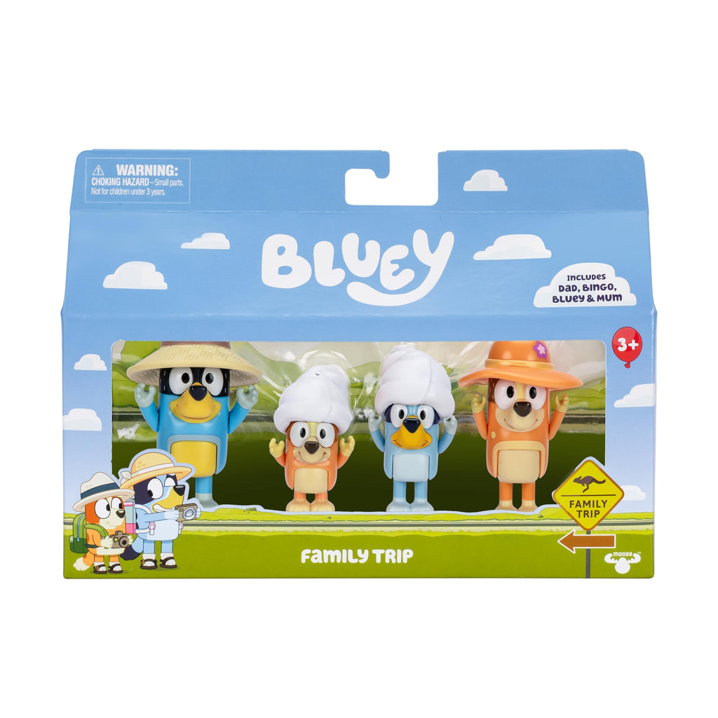 Moose Toys Bluey Figure 4-Packs, Family Trip, 2.5 Inch Poseable Figures of Bluey, Bingo, Bandit and Chilli, With Accessories,