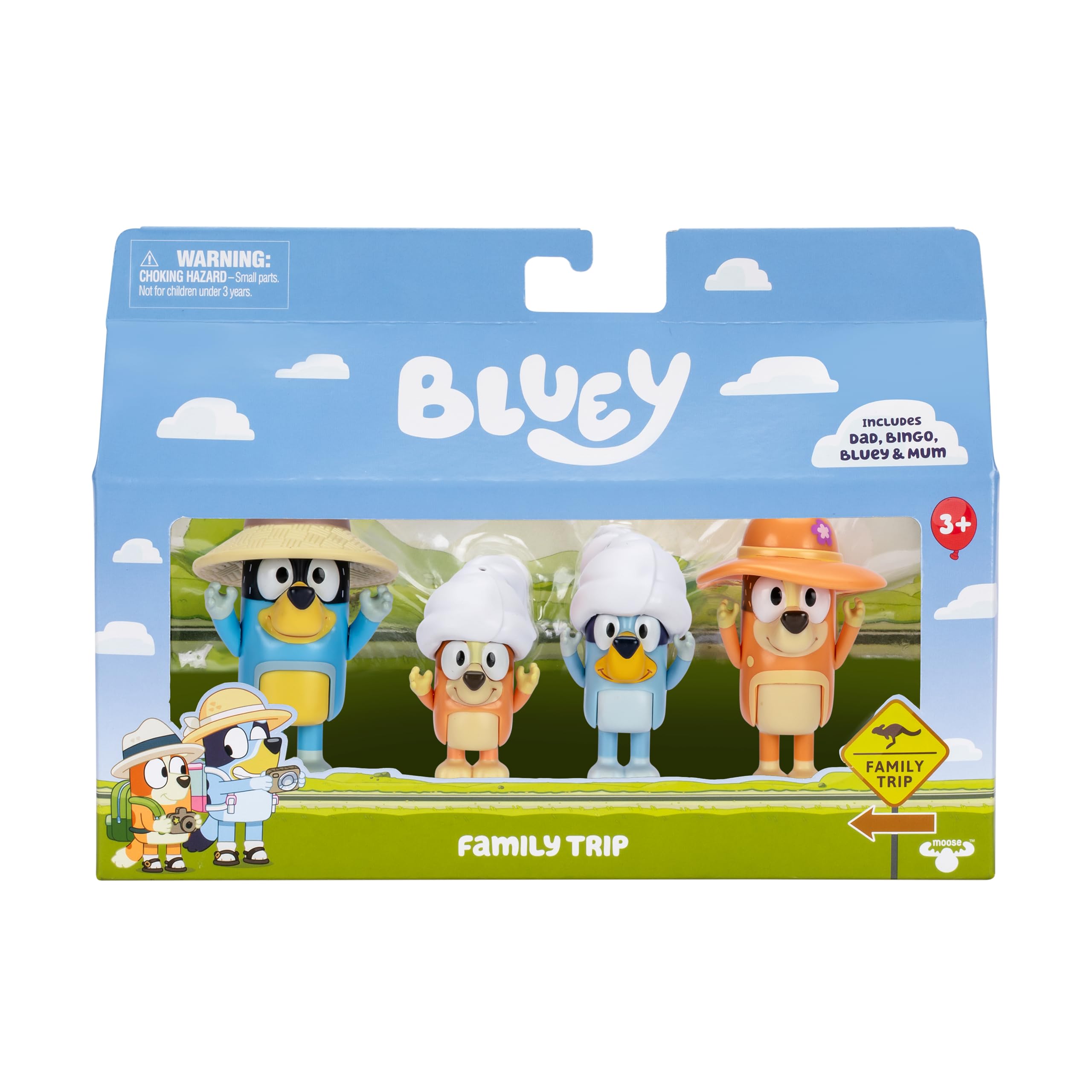 Moose Toys Bluey Figure 4-Packs, Family Trip, 2.5 Inch Poseable Figures of Bluey, Bingo, Bandit and Chilli, With Accessories,
