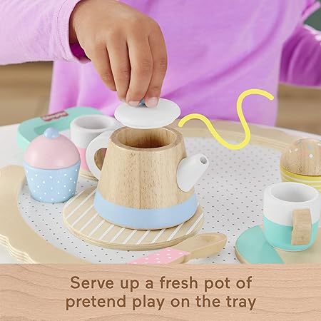 Fisher-Price Wood Pretend Play Toy Tea Set, 12-Piece Wooden Playset with Teapot, Cups & Saucers