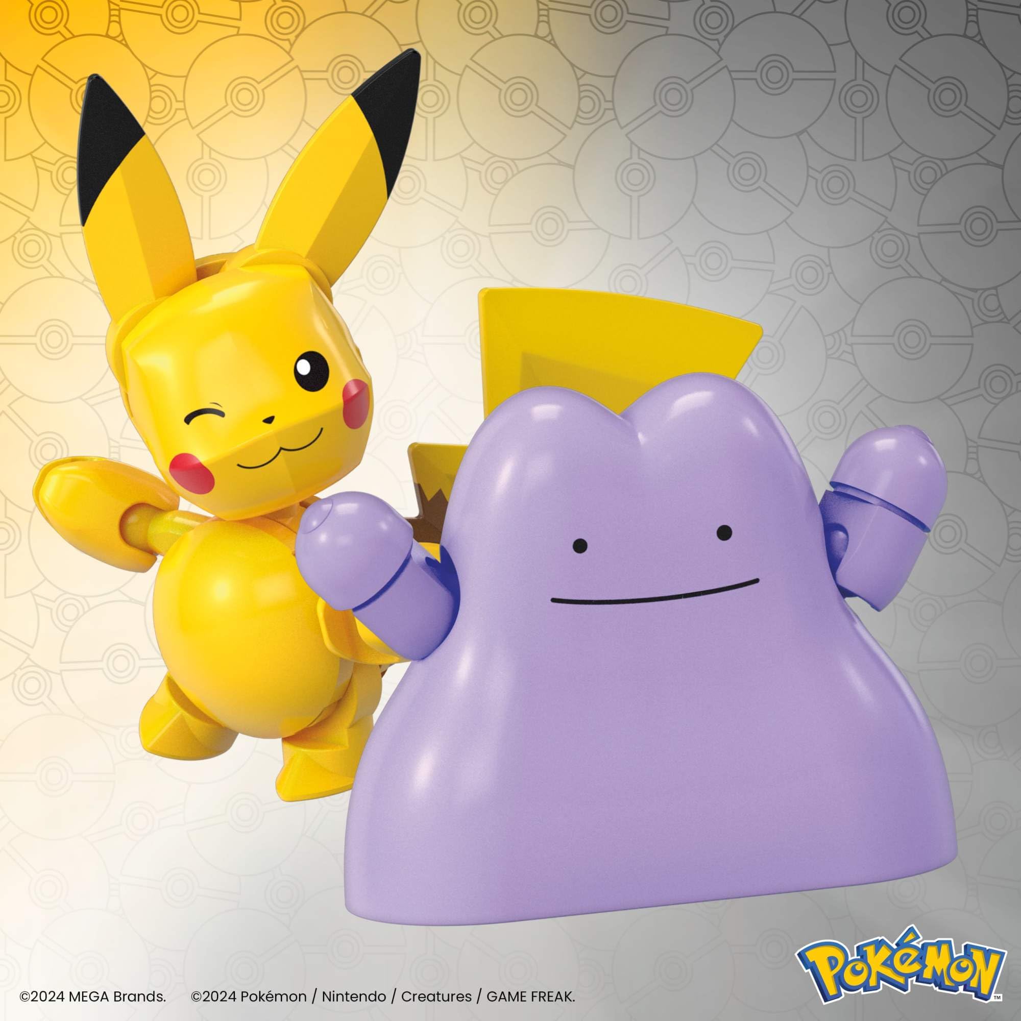 Mattel MEGA Pokémon Action Figure Building Toys Set, Poké Ball 2-Pack, Pikachu and Ditto with 42 Pieces