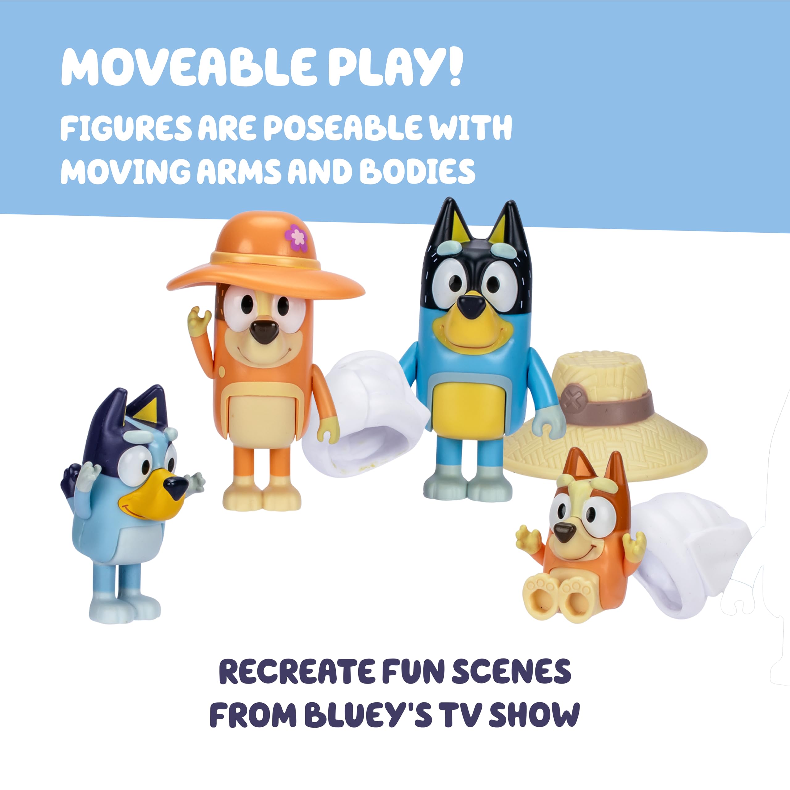 Moose Toys Bluey Figure 4-Packs, Family Trip, 2.5 Inch Poseable Figures of Bluey, Bingo, Bandit and Chilli, With Accessories,