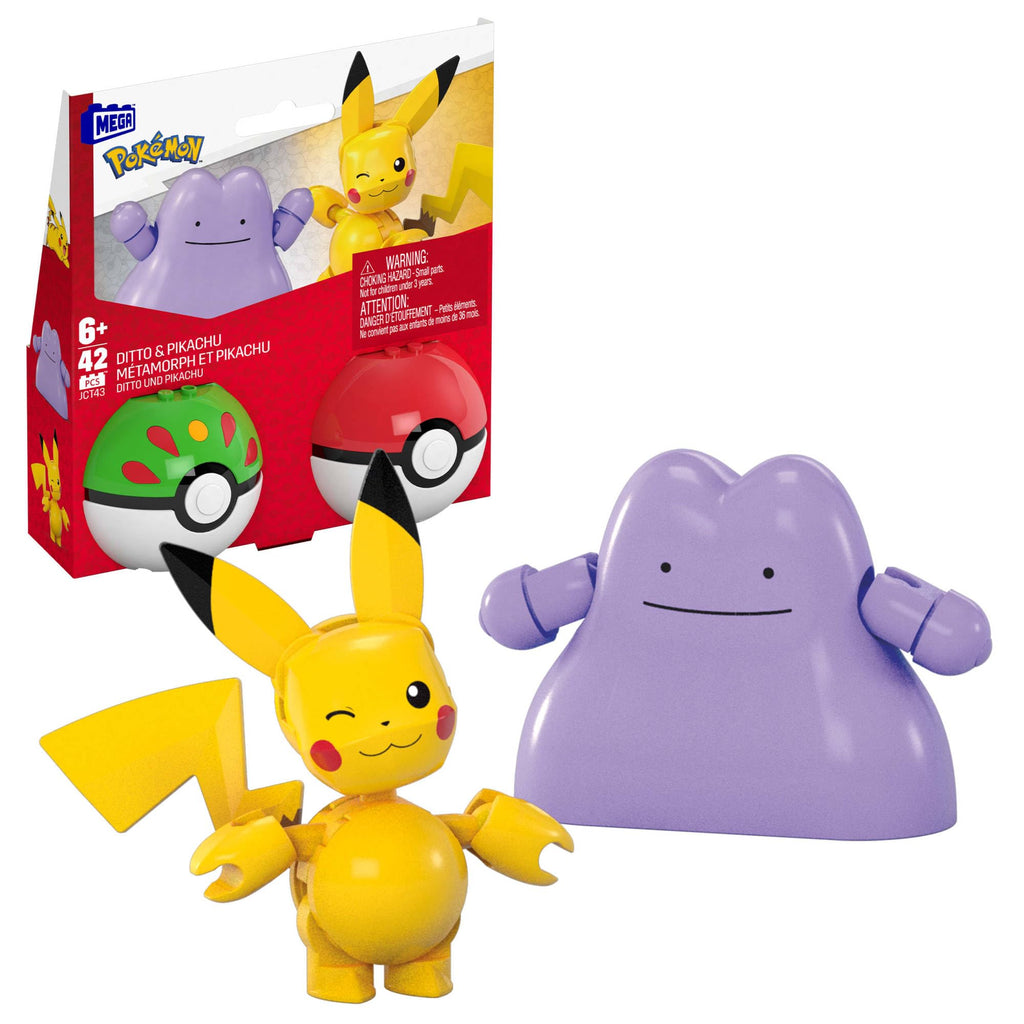 Mattel MEGA Pokémon Action Figure Building Toys Set, Poké Ball 2-Pack, Pikachu and Ditto with 42 Pieces