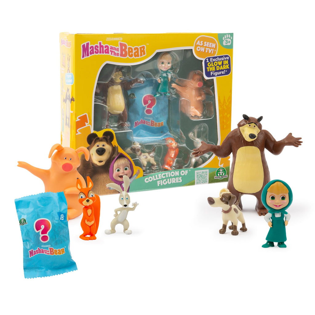 Giochi Preziosi Masha and the Bear – Set of 6 Characters from the Famous TV Series 5 to 7 cm Tall and 1 Exclusive Surprise Glow in the Dark figure
