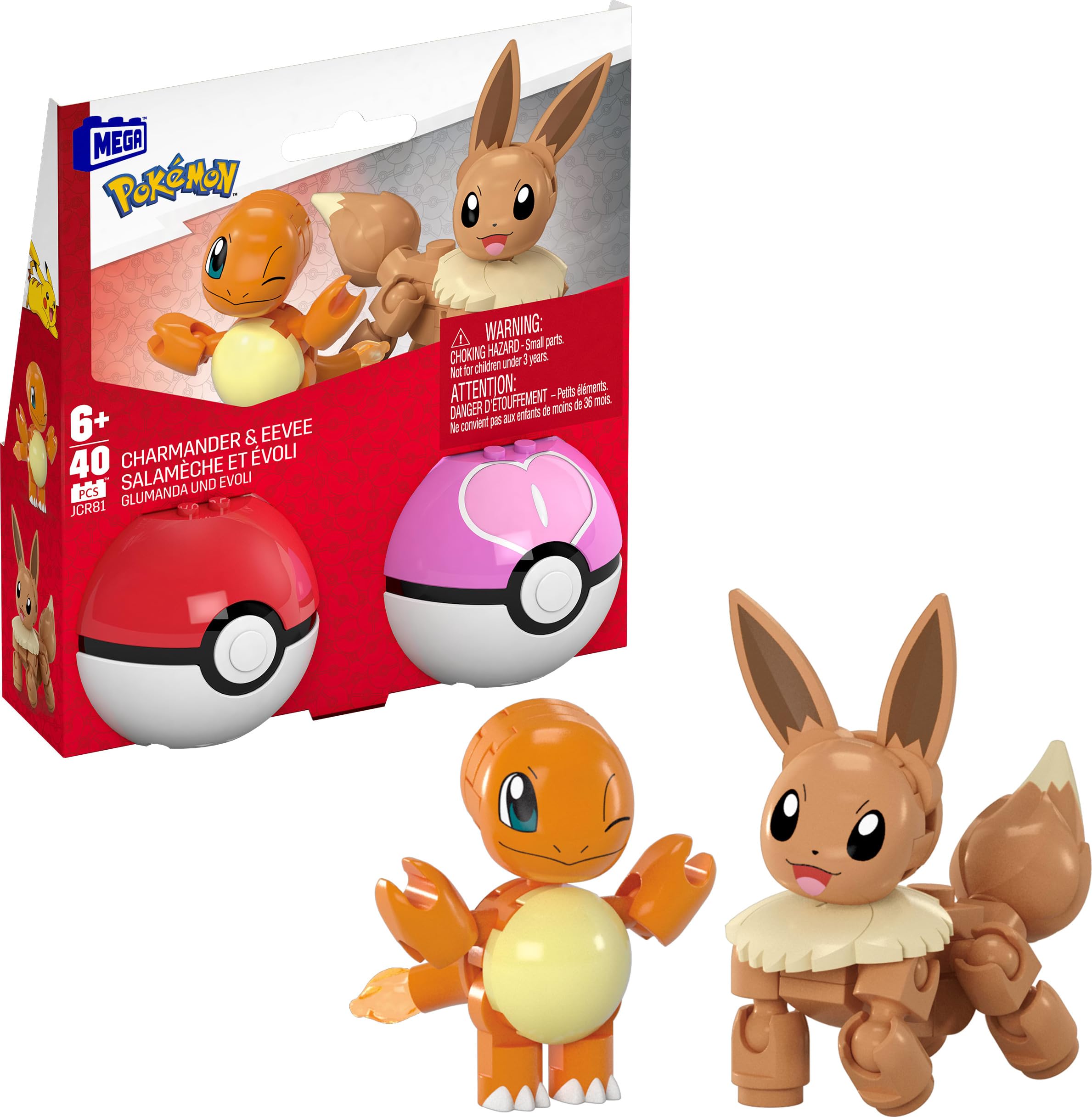 Mattel MEGA Pokémon Action Figure Building Toys Set, Poké Ball 2-Pack, Charmander and Eevee with 40 Pieces