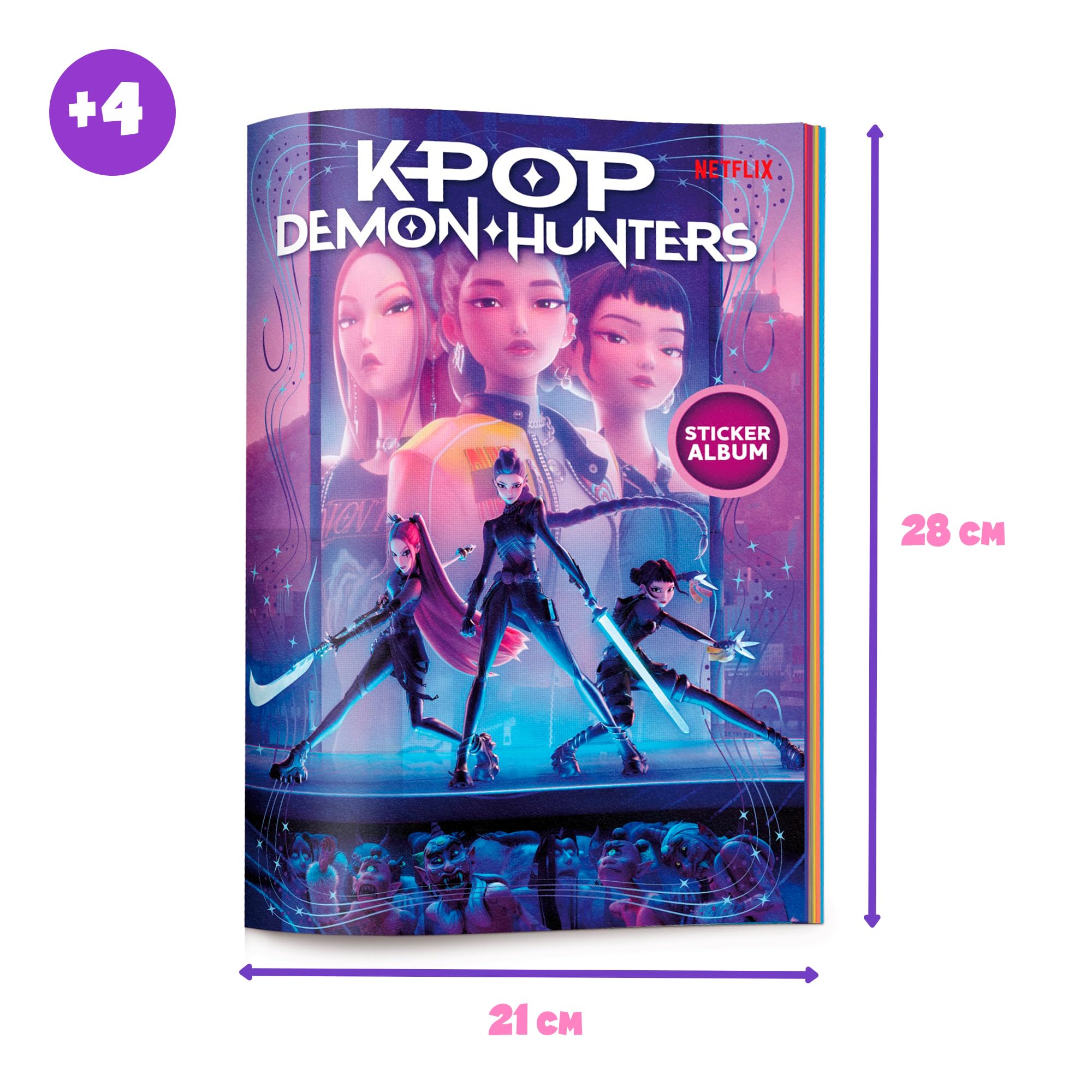 Bizak KPOP Demon Hunters Stickers Cards Official Netflix Album, 32 Pages for Collection of 200 Stickers, Includes 2 Envelopes with 10 Holographic and Die-Cut Stickers and Double-Sided Poster
