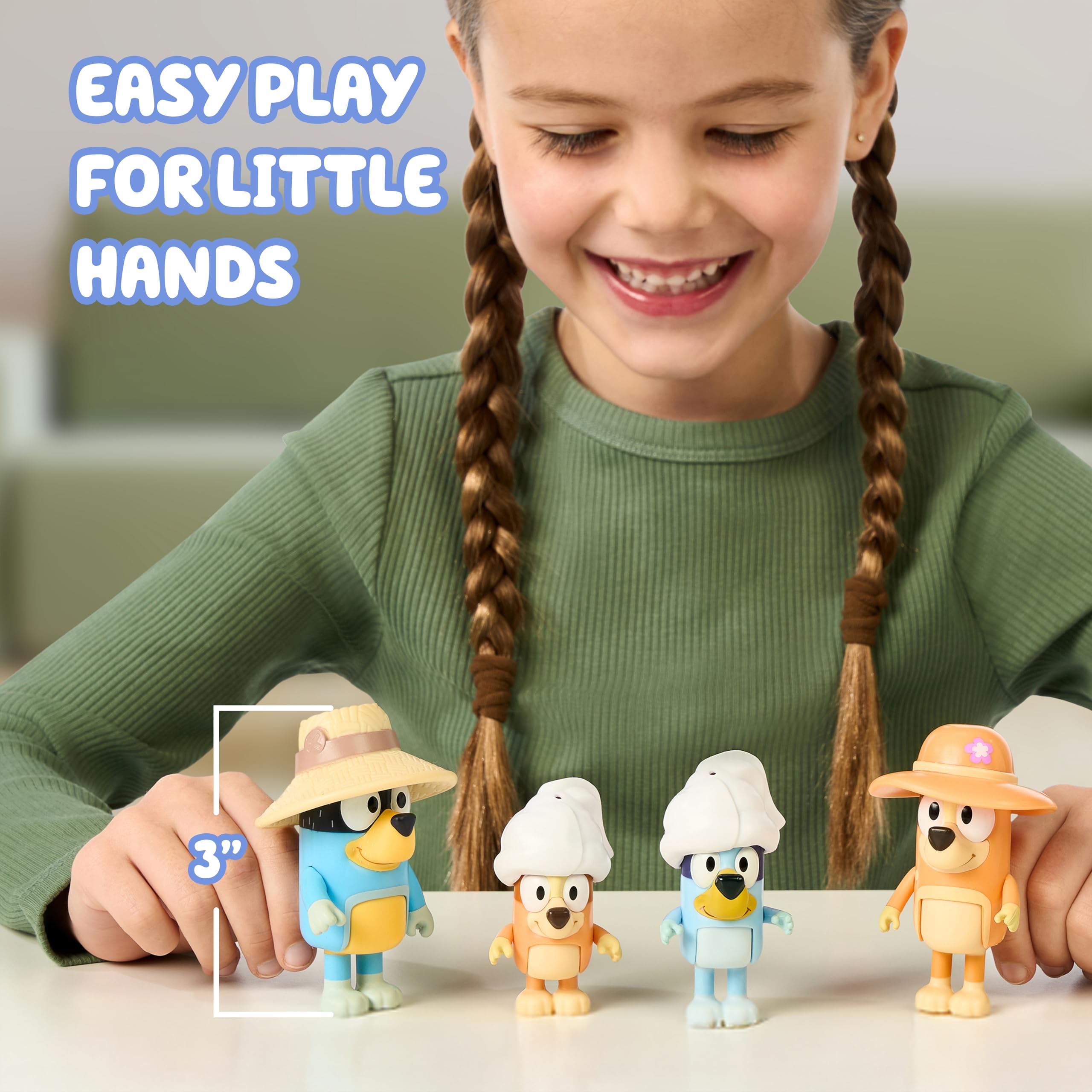 Moose Toys Bluey Figure 4-Packs, Family Trip, 2.5 Inch Poseable Figures of Bluey, Bingo, Bandit and Chilli, With Accessories,