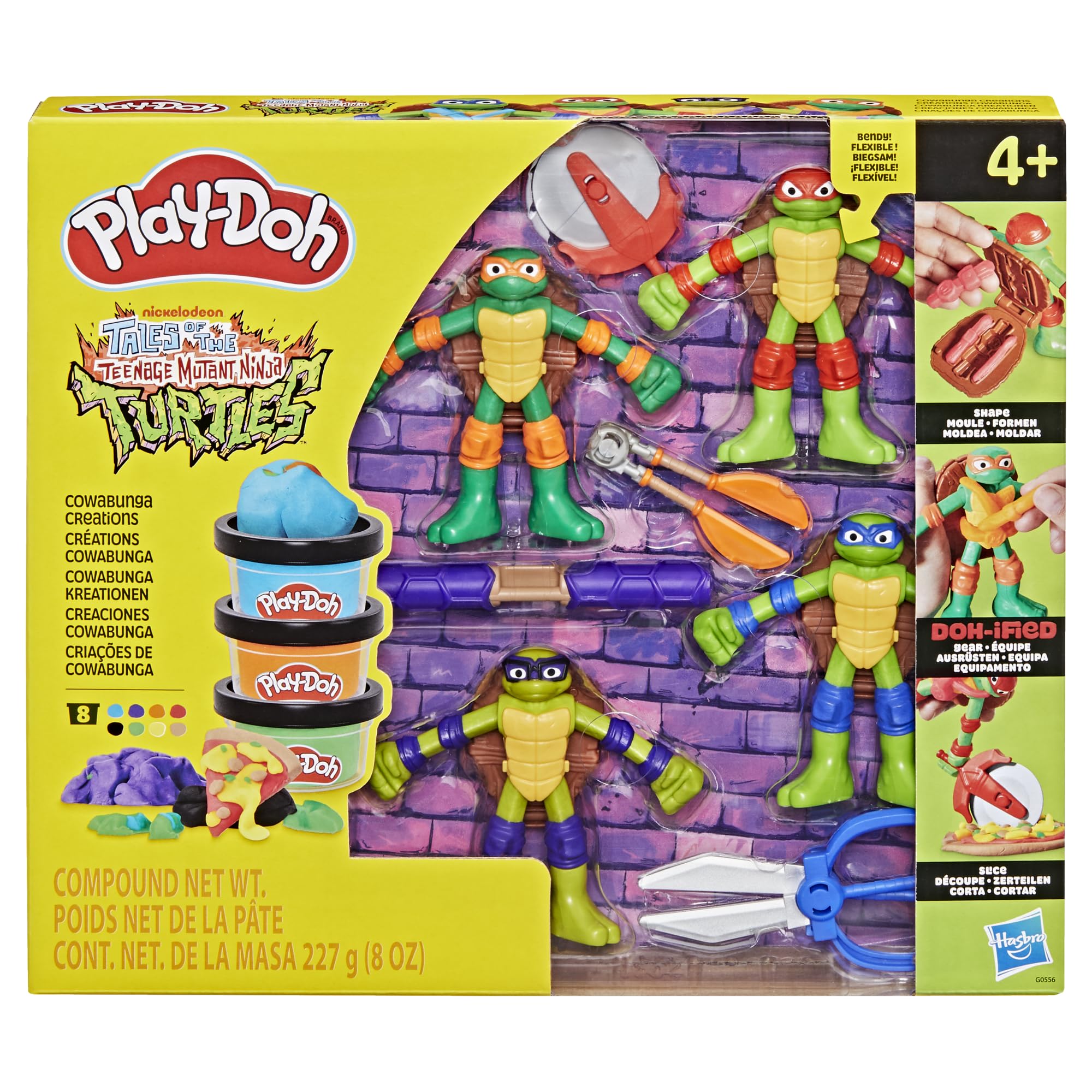 Play-Doh Teenage Mutant Ninja Turtles Cowabunga Creations, 4 Bendy Turtle Figures with Hidden Shell Moulds, 4 Action Tools & 8 Colours (28g Each)