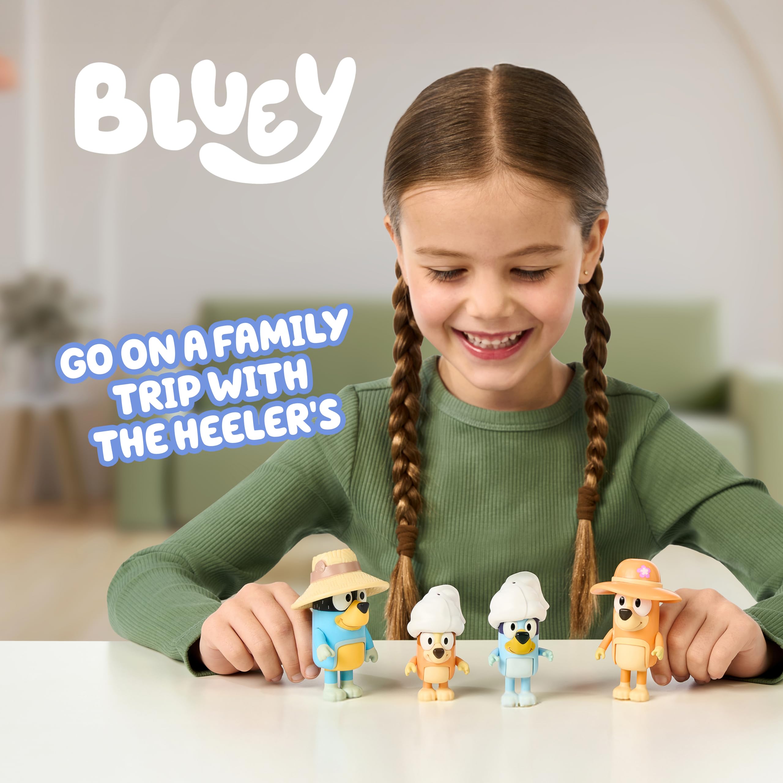 Moose Toys Bluey Figure 4-Packs, Family Trip, 2.5 Inch Poseable Figures of Bluey, Bingo, Bandit and Chilli, With Accessories,