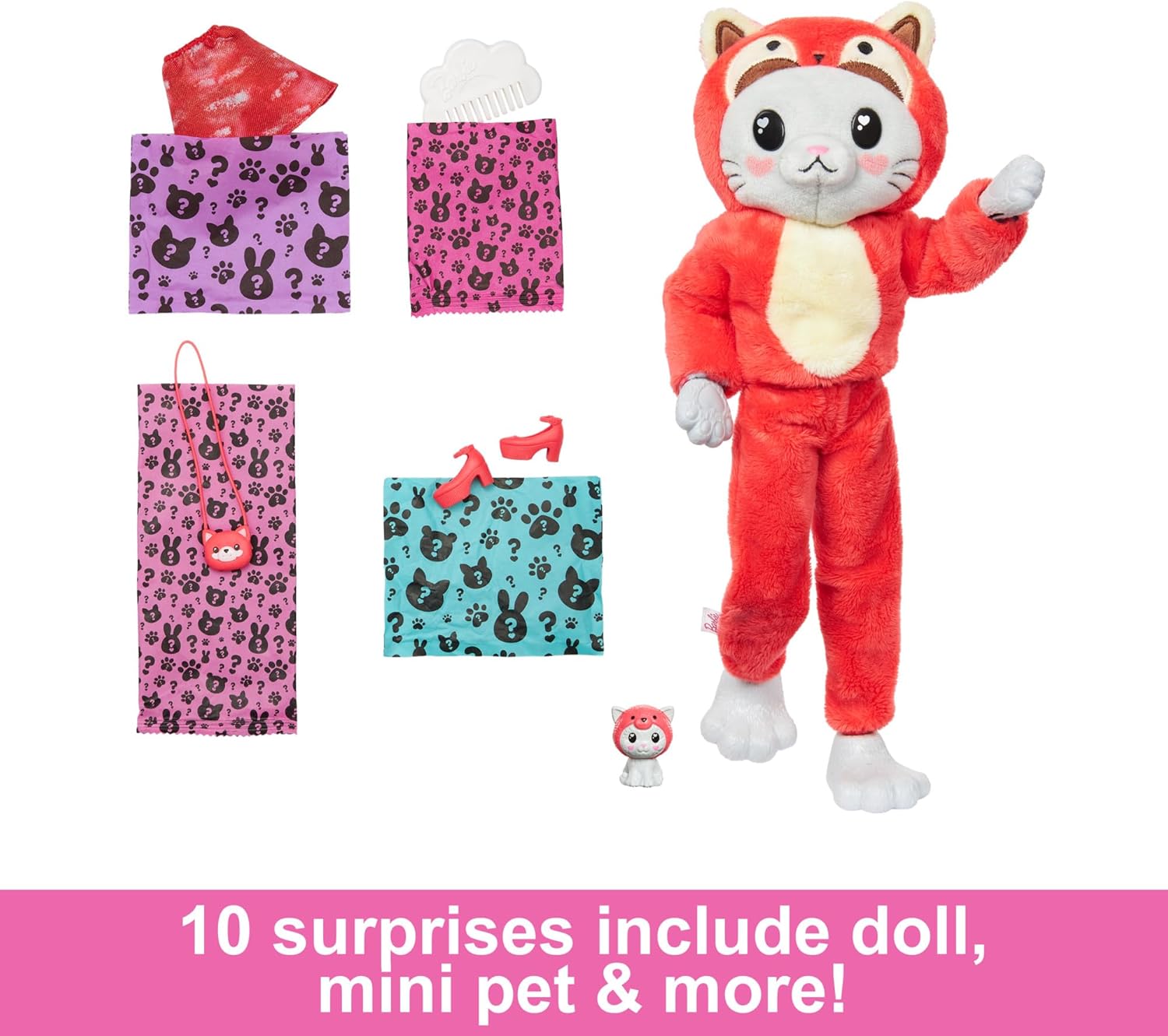 Mattel Barbie Cutie Reveal Doll & Accessories with Animal Plush Costume & 10 Surprises Including Color Change, Kitten as Red Panda in Costume Mattel