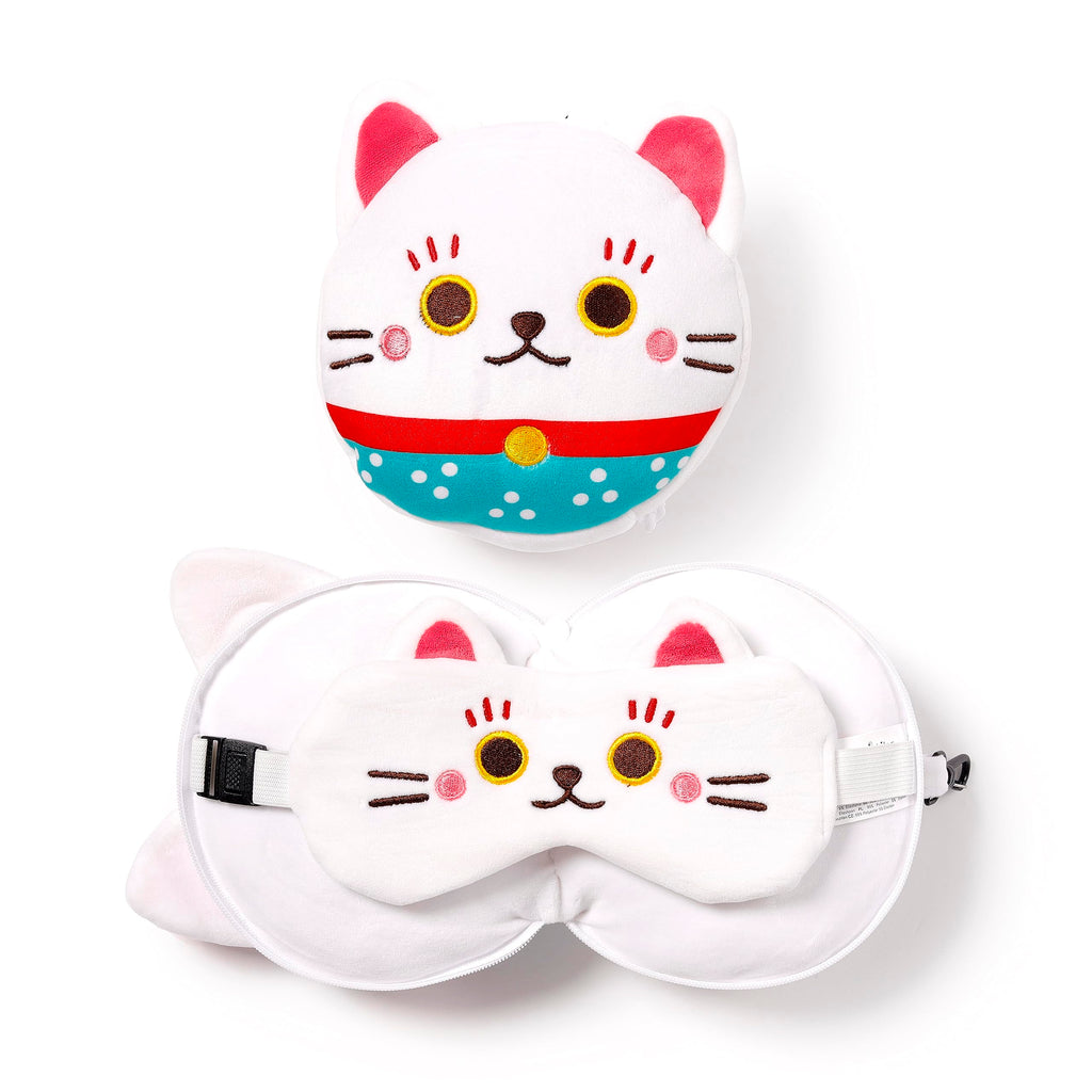 Relaxeazzz Maneki Neko Lucky Cat Round Plush Travel Pillow & Eye Mask Relaxeazzz