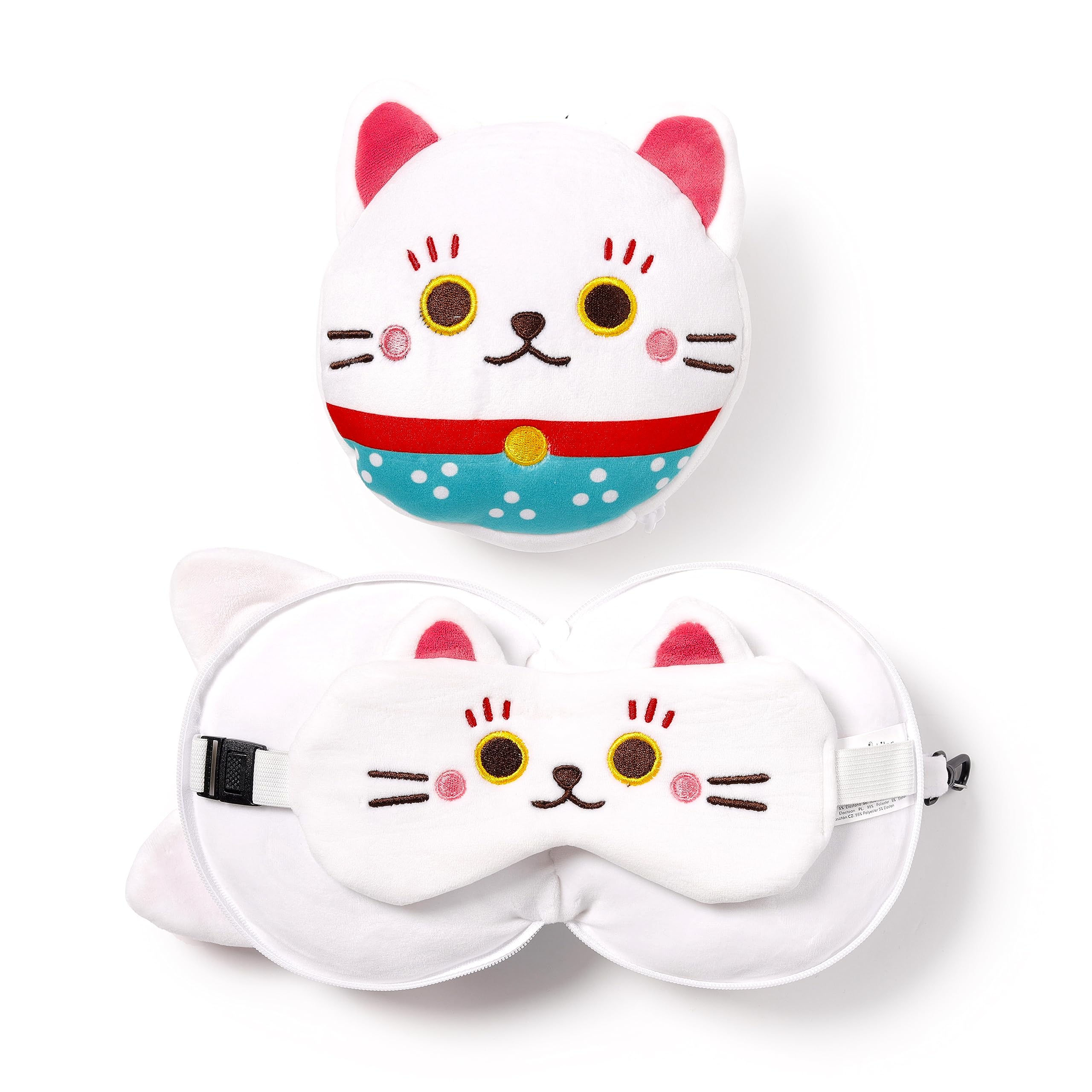 Relaxeazzz Maneki Neko Lucky Cat Round Plush Travel Pillow & Eye Mask Relaxeazzz