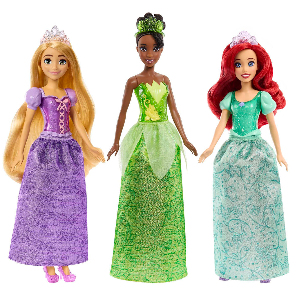 Mattel Disney Princess Toys, Tiana + Rapunzel + Ariel, Pack of 3 Fashion Dolls with Sparkling Clothing and Accessories