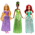 Mattel Disney Princess Toys, Tiana + Rapunzel + Ariel, Pack of 3 Fashion Dolls with Sparkling Clothing and Accessories
