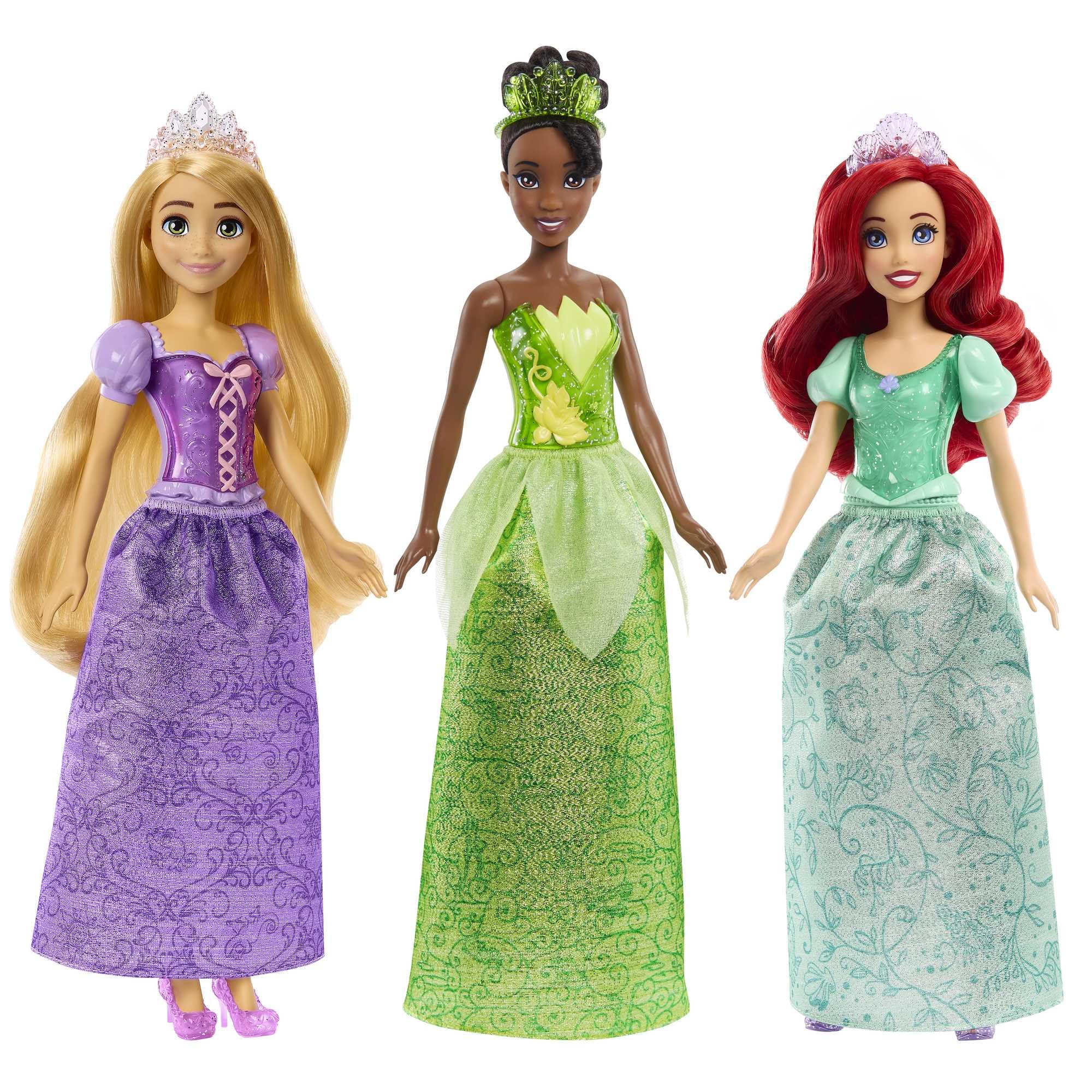 Mattel Disney Princess Toys, Tiana + Rapunzel + Ariel, Pack of 3 Fashion Dolls with Sparkling Clothing and Accessories