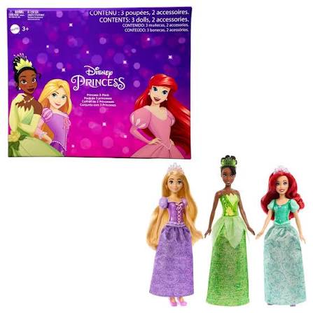 Mattel Disney Princess Toys, Tiana + Rapunzel + Ariel, Pack of 3 Fashion Dolls with Sparkling Clothing and Accessories