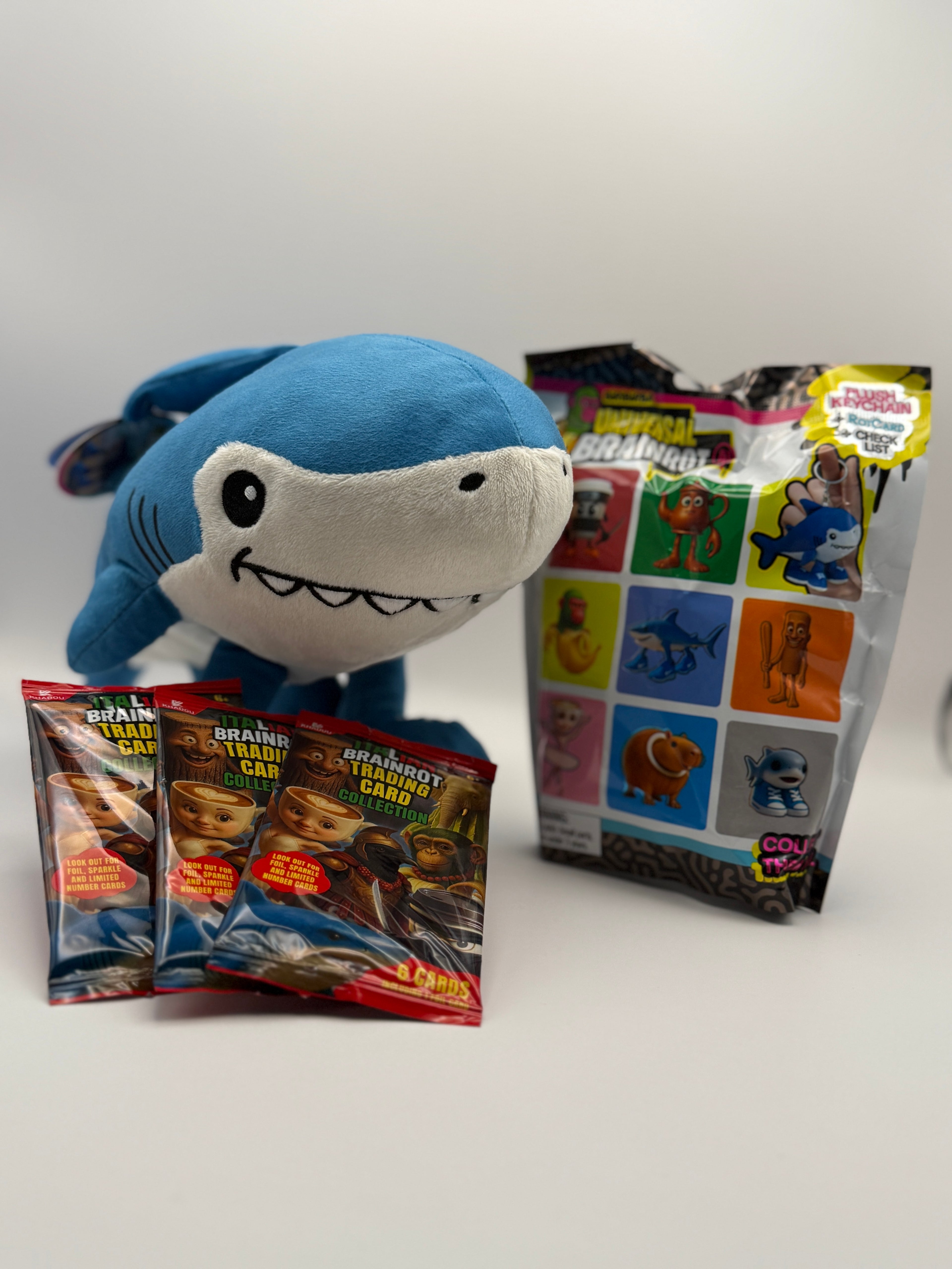 Italian Brainrot Bundle- 25cm Plush Toy, Mystery Bag and 3 Packets of Trading Cards