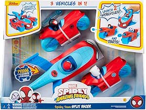 Jazwares Marvel Spider and His Amazing Friends Team Split Racer - 8.5-Inch Three-in-One Vehicle with Web Darts, Sound Effects, and Phrases