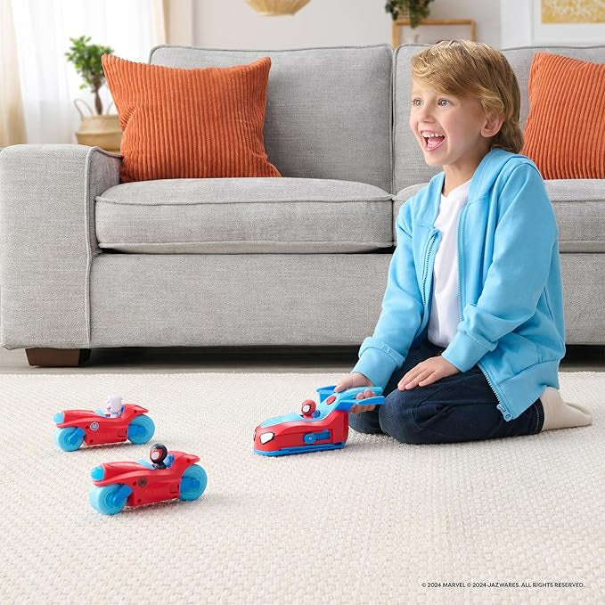 Jazwares Marvel Spider and His Amazing Friends Team Split Racer - 8.5-Inch Three-in-One Vehicle with Web Darts, Sound Effects, and Phrases