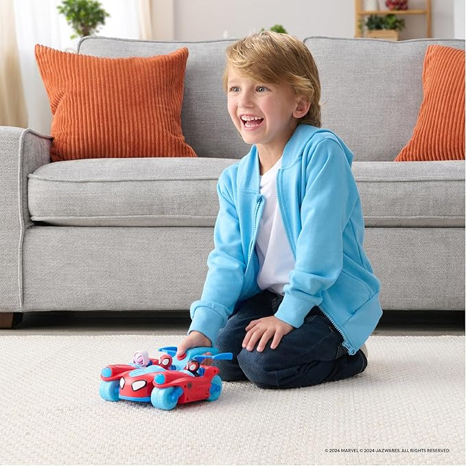 Jazwares Marvel Spider and His Amazing Friends Team Split Racer - 8.5-Inch Three-in-One Vehicle with Web Darts, Sound Effects, and Phrases