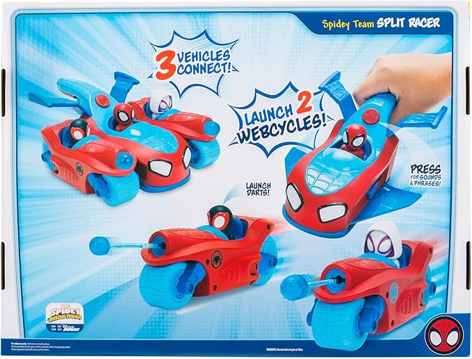 Jazwares Marvel Spider and His Amazing Friends Team Split Racer - 8.5-Inch Three-in-One Vehicle with Web Darts, Sound Effects, and Phrases