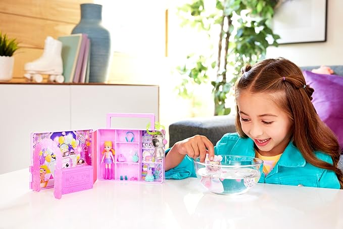 Polly Pocket Doll & Playset, Disco Dance Fashion Reveal Unboxing Travel Toy with 3-inch Hoodie Buddy Doll, 16 Accessories & Surprise Water Play