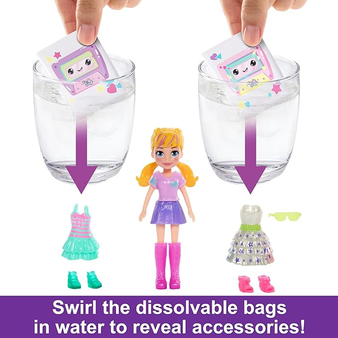 Polly Pocket Doll & Playset, Disco Dance Fashion Reveal Unboxing Travel Toy with 3-inch Hoodie Buddy Doll, 16 Accessories & Surprise Water Play