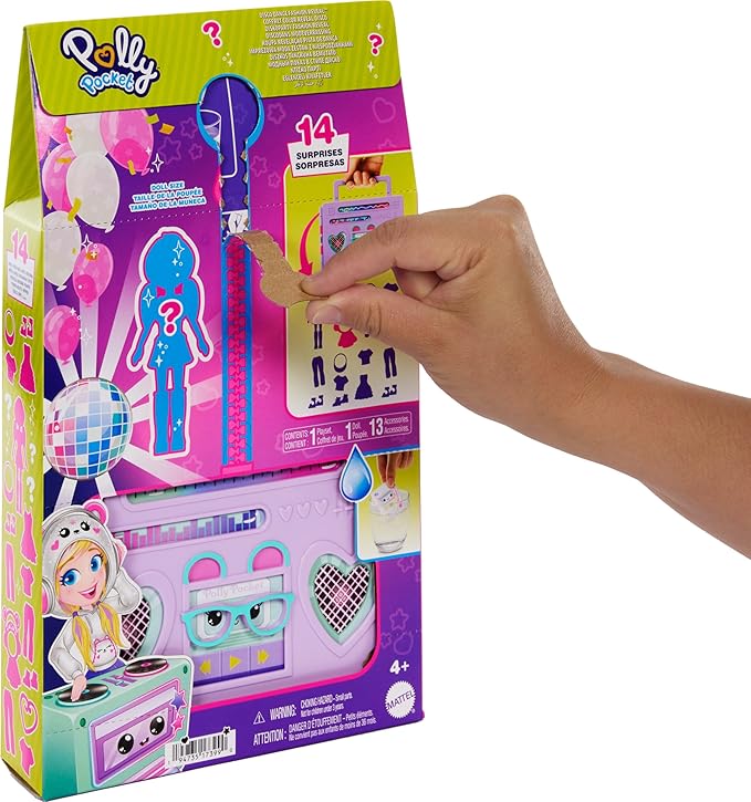 Polly Pocket Doll & Playset, Disco Dance Fashion Reveal Unboxing Travel Toy with 3-inch Hoodie Buddy Doll, 16 Accessories & Surprise Water Play