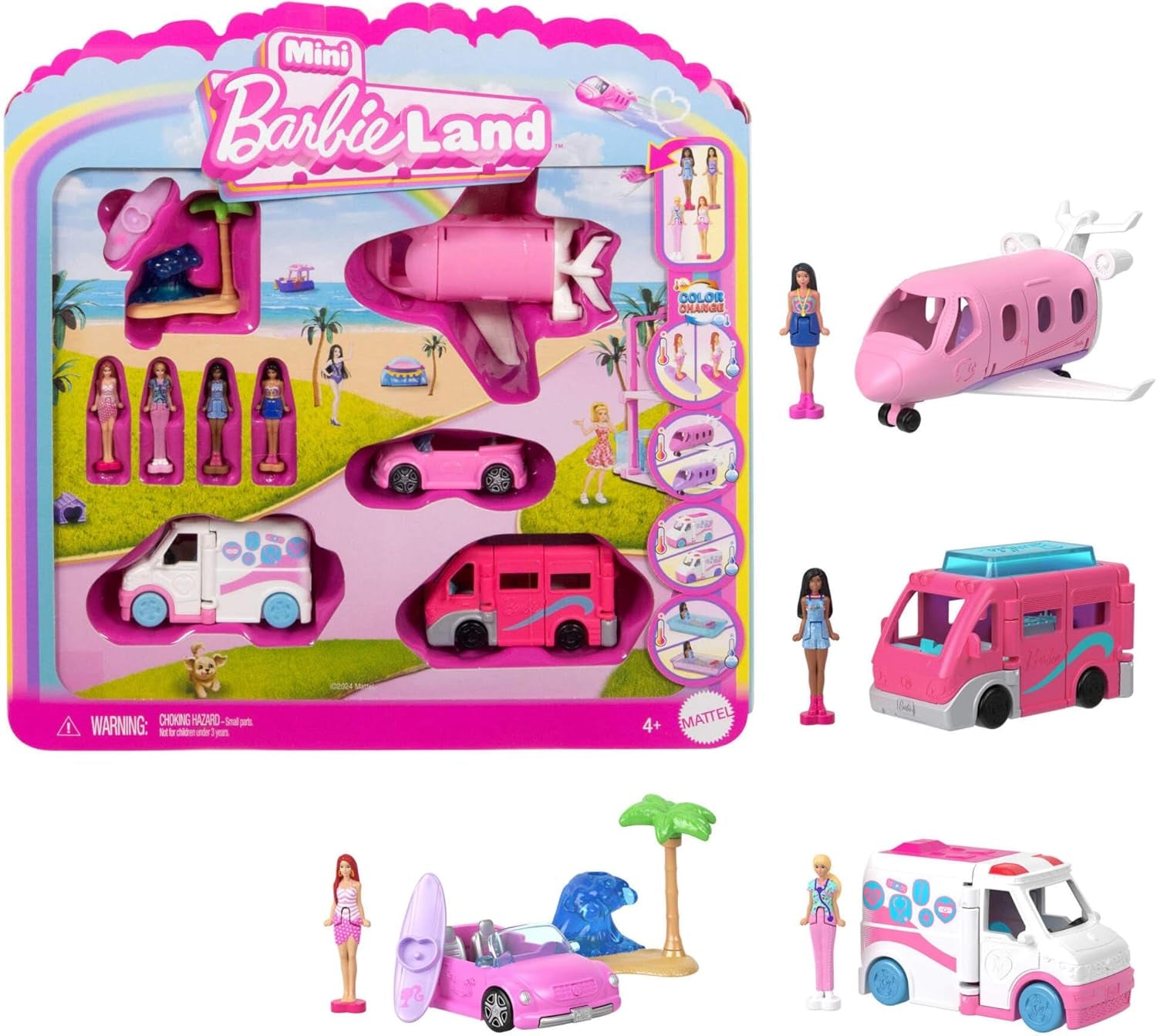 Mattel Barbie Mini Barbie Land 4-Pack Doll & Toy Vehicle Set with 4 1.5-inch Dolls & 4 Iconic Toy Vehicles with Color-Change Surprise