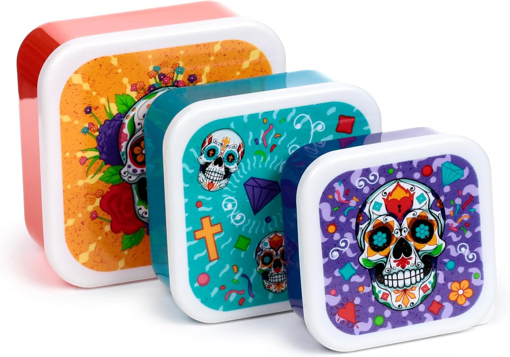 Puckator Set of 3 Stacking Food Containers M/L/XL - Mexican Skull - Day of the Dead - Lunch Box