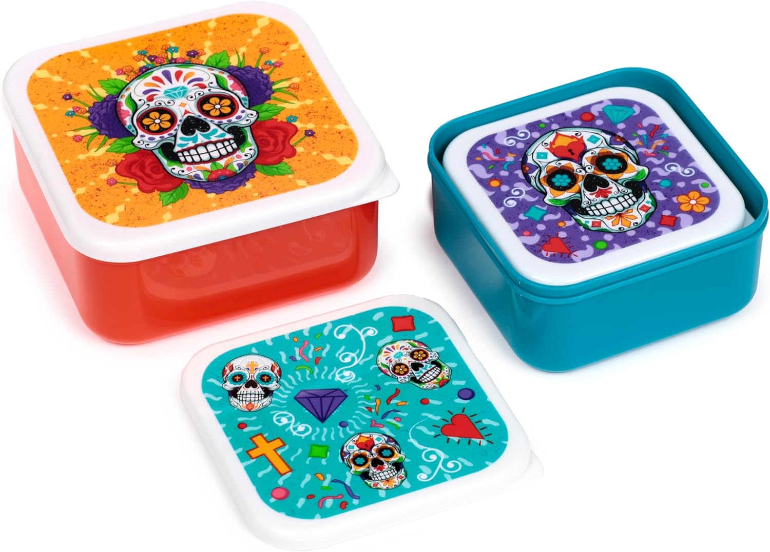 Puckator Set of 3 Stacking Food Containers M/L/XL - Mexican Skull - Day of the Dead - Lunch Box