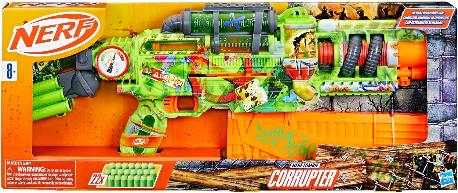 Nerf Zombie Corrupter Dart Blaster, 22 Nerf Elite Darts, 18 Dart Clip, Dart Storage, Bolt Action