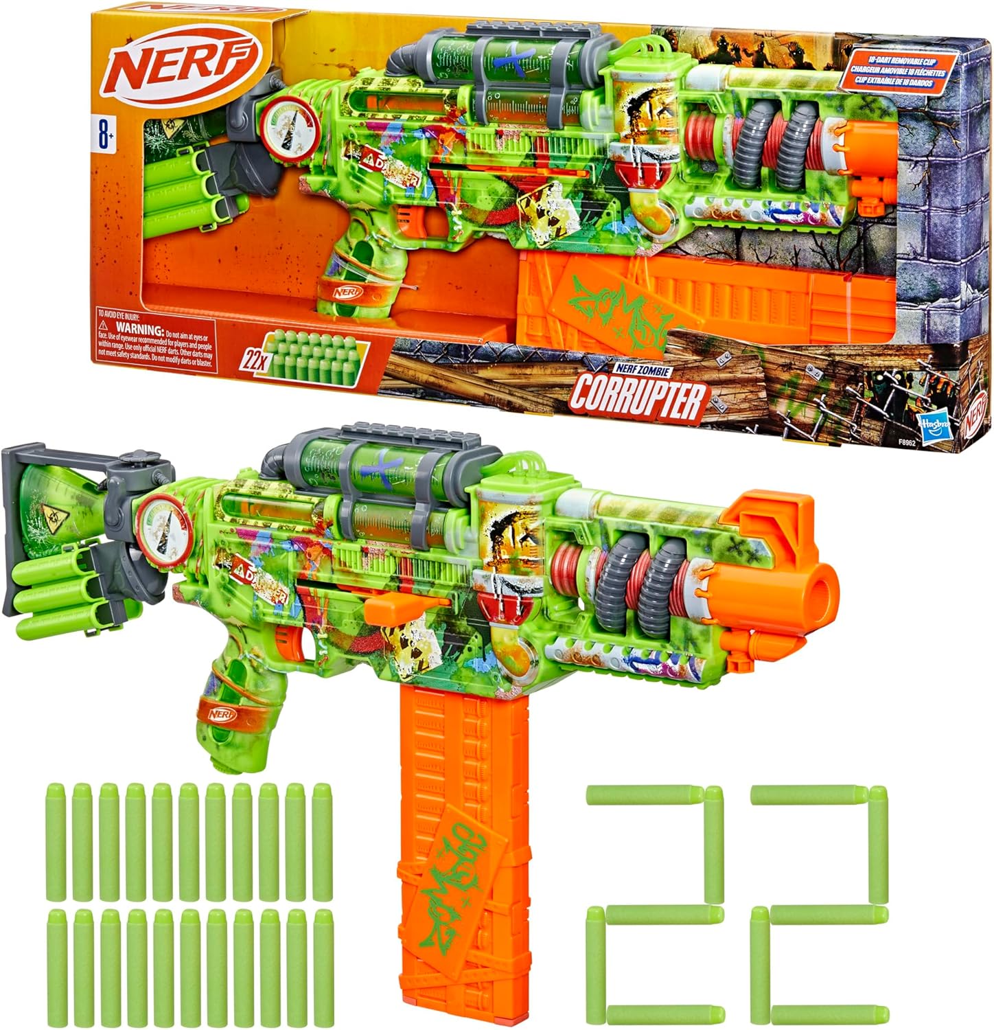 Nerf Zombie Corrupter Dart Blaster, 22 Nerf Elite Darts, 18 Dart Clip, Dart Storage, Bolt Action