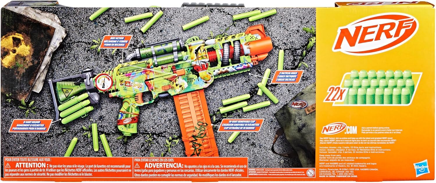 Nerf Zombie Corrupter Dart Blaster, 22 Nerf Elite Darts, 18 Dart Clip, Dart Storage, Bolt Action