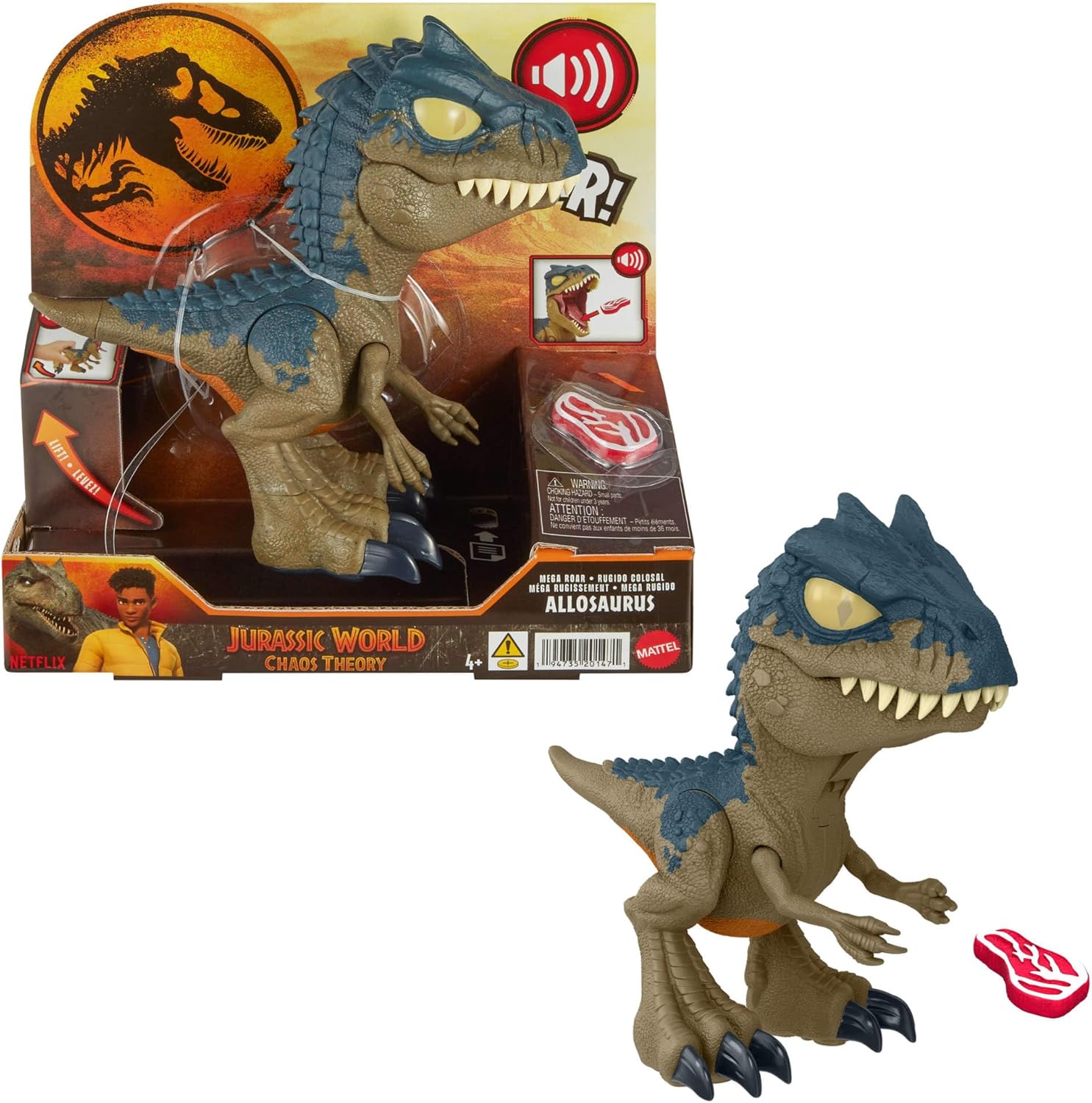 Mattel Jurassic World: Chaos Theory Netflix - Chomp Chomp Mega Roar Allosaurus Dinosaur Toy with Sound & Stretchable Jaw Tendons, Increasing Roar Levels & Feeding Feature