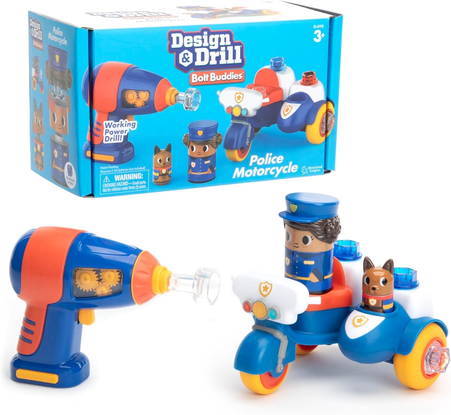 Learning Resources Design & Drill Bolt Buddies Police Motorcycle, Fine Motor Skills Construction Toy