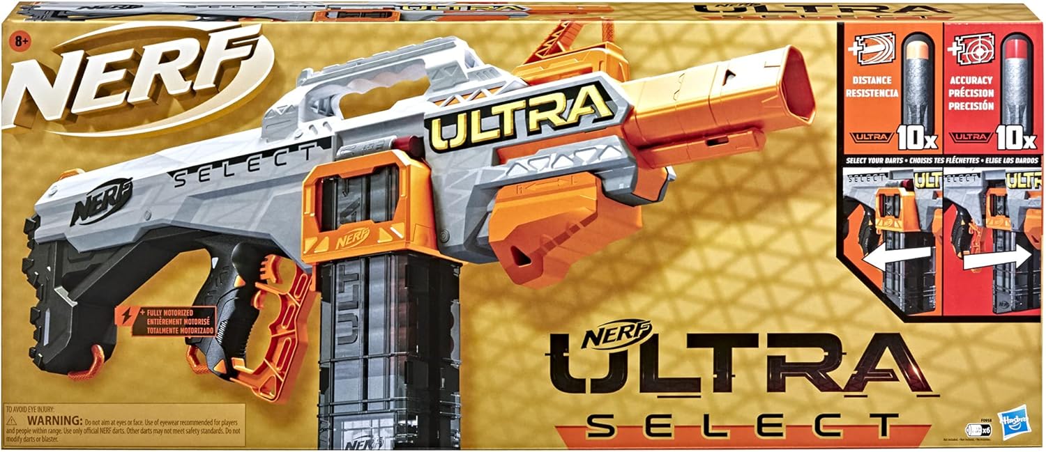NERF Ultra Select Fully Motorized Blaster, Fire for Distance or Accuracy, Includes Clips and Darts, Compatible Only Ultra Darts