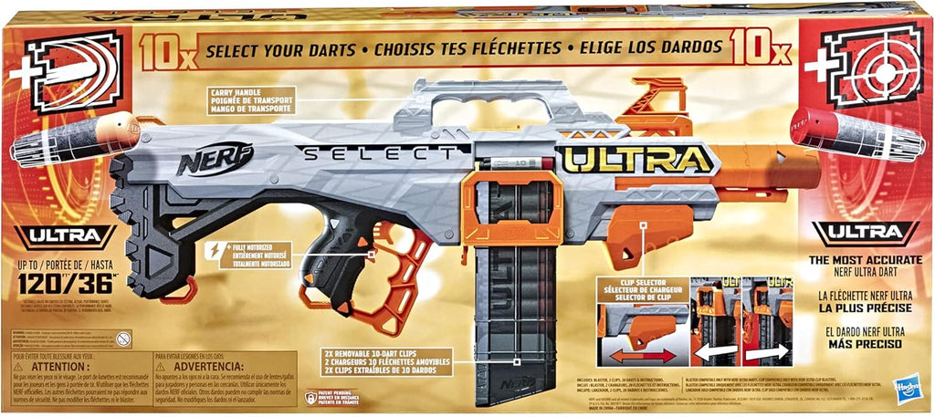 NERF Ultra Select Fully Motorized Blaster, Fire for Distance or Accuracy, Includes Clips and Darts, Compatible Only Ultra Darts